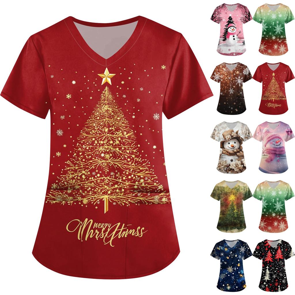 Kadın Sevimli Baskılı İş Kıyafetleri V Yaka Çift Katmanlı Cepler Temel Kısa Kollu Üst Kazak Noel