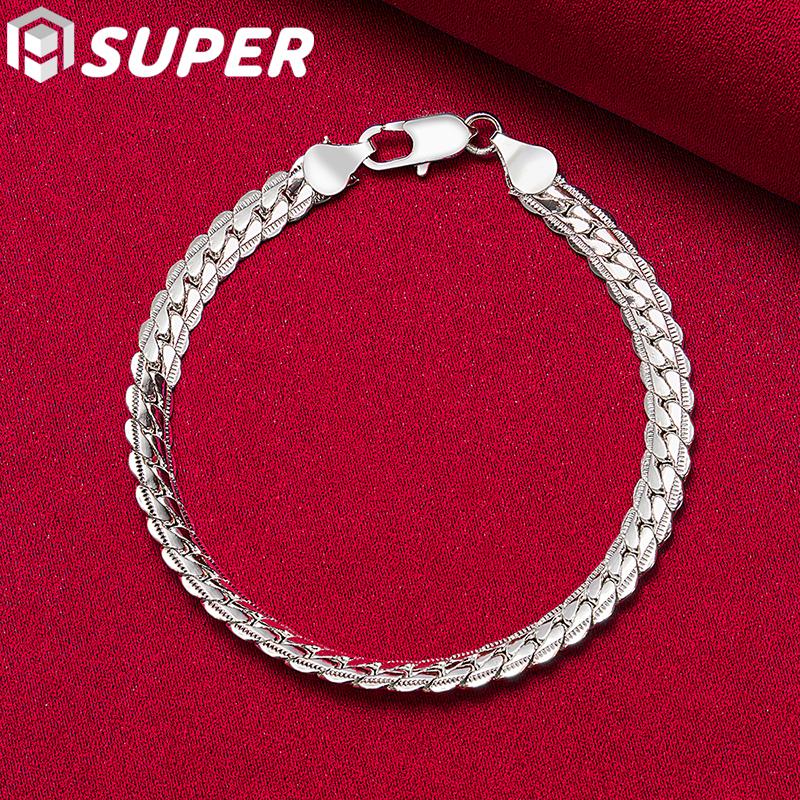 925 Sterling Silver Bracelet 6mm 18/19/20cm Flat Side Chain Lobster Clasp Jewelry