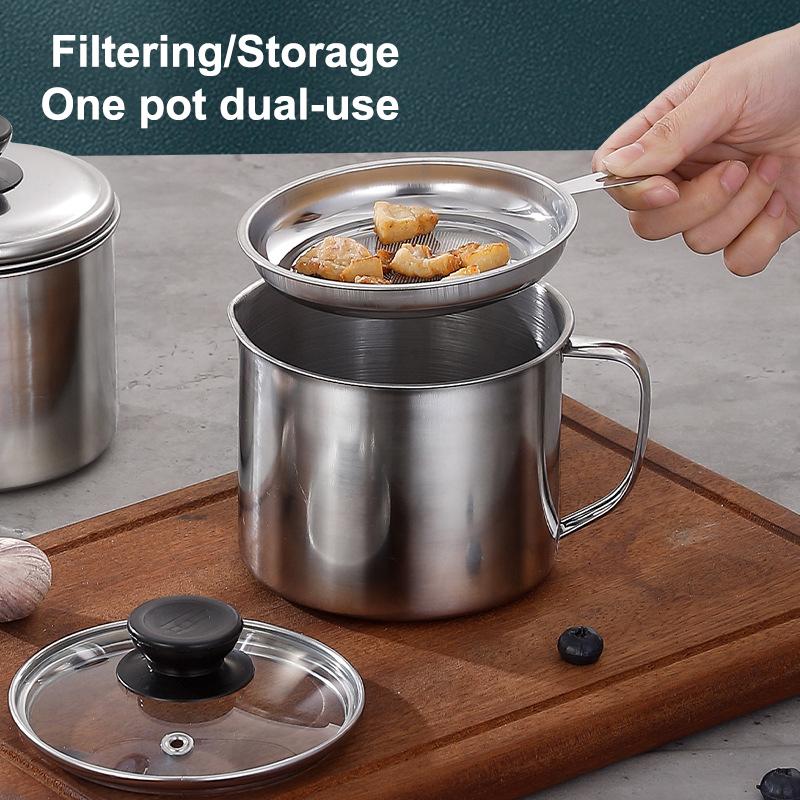 Glass Lid Bacon Grease Container Deep Fryer 1.3L Keeper With Handle Easily Refill Filter Pot Grease Strainer , With Glass Lid