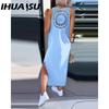 IHUASU Summer Simple Solid Color Back Lace Sleeveless Dress for Women