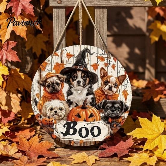 Festive Home Ornament Wooden Halloween Door Sign, Cute Puppy Witch Hat Pumpkin Boo Front Sign Hanger, Fall Maple Leaf Wall Decor for Porch Decoration