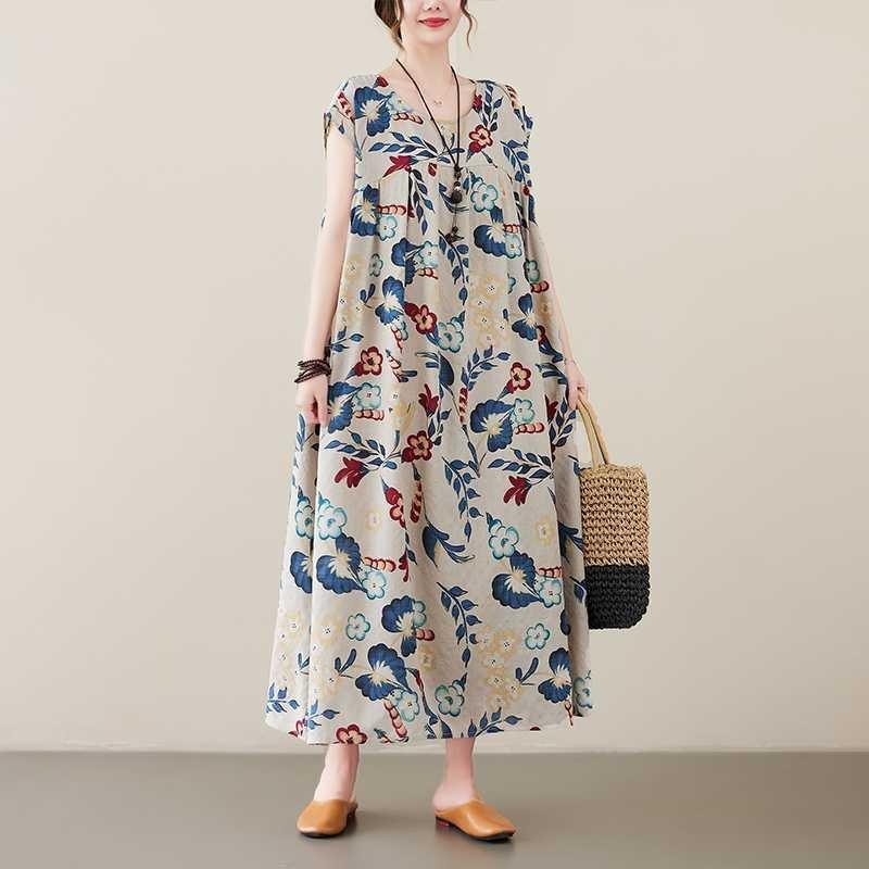New Literary Retro Large Size Loose Thin Short-sleeved Long Dress Female
