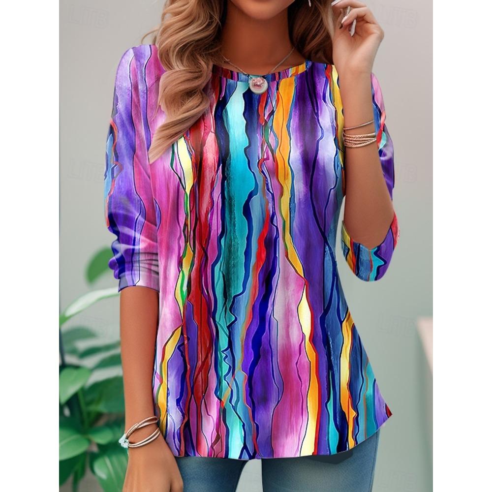 Women's T Shirt Ombre Graphic Geometric Long Sleeve Round Neck Regular Tops Daily Sports Going Out Print Summer