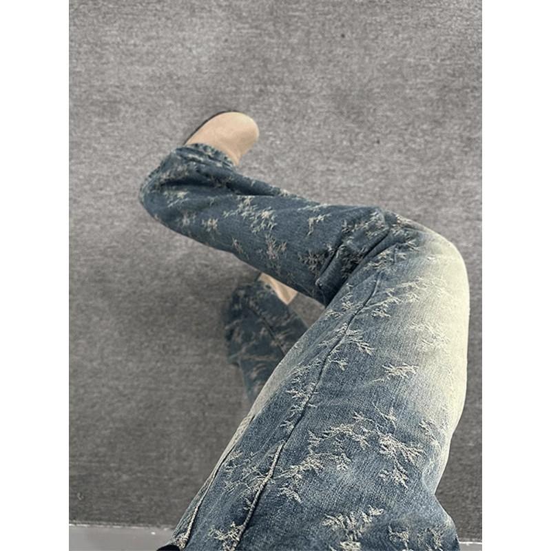 Full Print Jacquard Retro Jeans Straight American Vibe Micro-pull Pants Boys High Street Ruffian Handsome Niche Ootd Pants