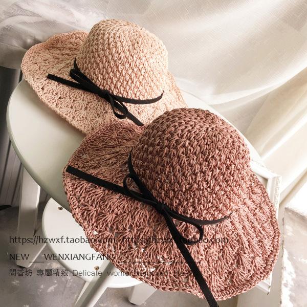 Korean-style Large-brimmed Handmade Woven Straw Hat for Women, Summer Vacation Sun Protection Hat with Bow, Beach Sun Hat, Foldable