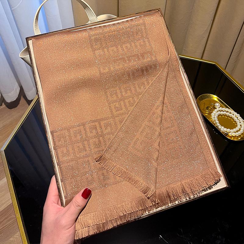 Long Scarf Fashion Simulation Silk Scarf Women'S Fashion Versatile Scarf Shawl Dustproof Premium Tencel Cotton Gold Silk