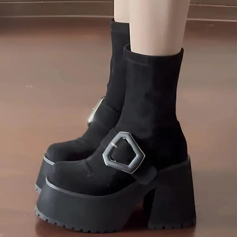 Metal Locking Fashion Ankle Boots Woman 2025 New Spring Ultra-high Heel All-match Platform Booster Sleeve Knight Boots