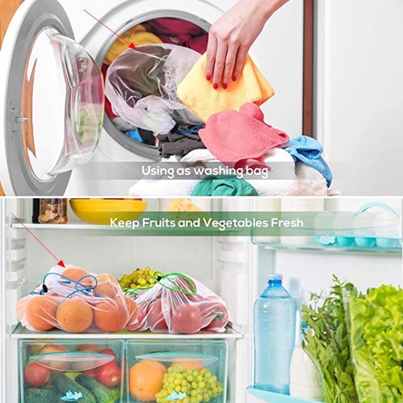 5 buc pungi reutilizabile pentru legume, fructe, plasă, pungă de plasă lavabilă, sac de depozitare a alimentelor, sac de șnur, ecologic, organizator de bucătărie
