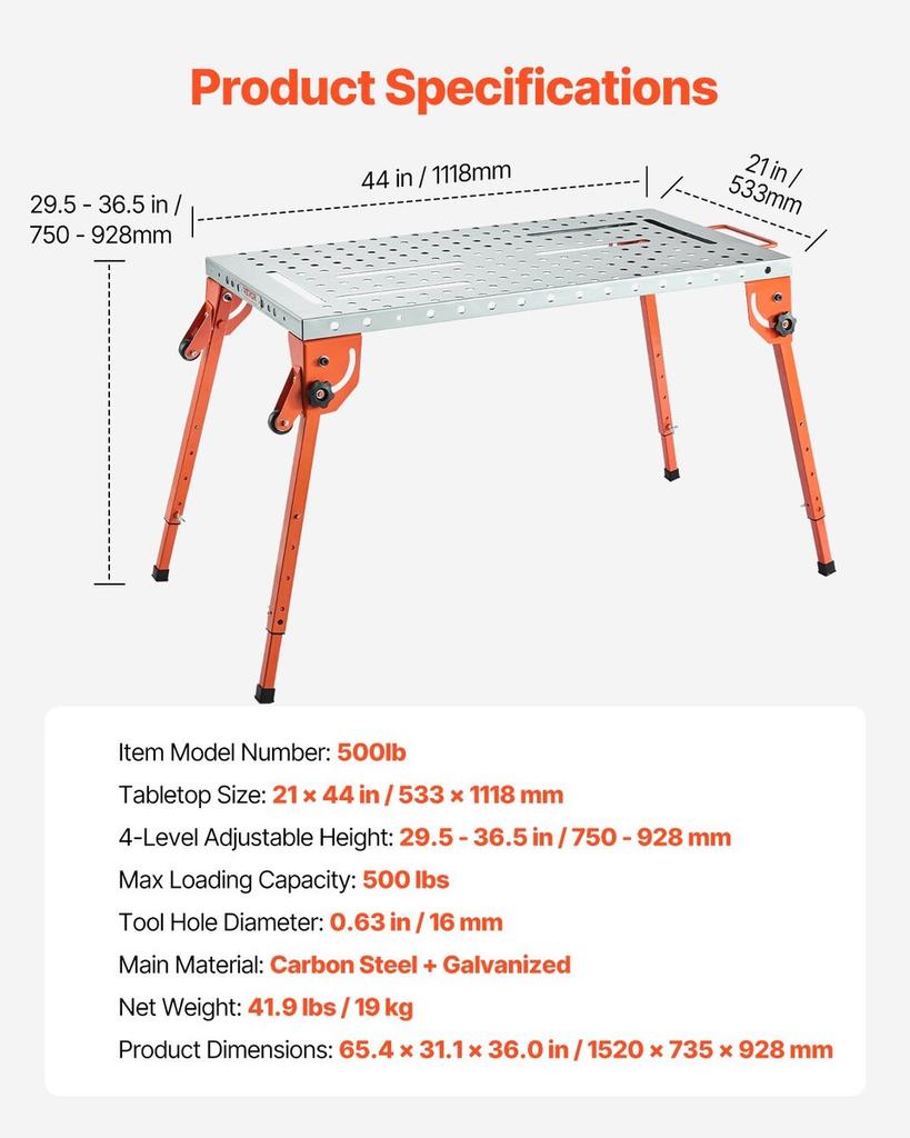 Las Tafel 44" x 21" 500LBS Opvouwbare Werkbank met 4-Niveaus Verstelbare Hoogte