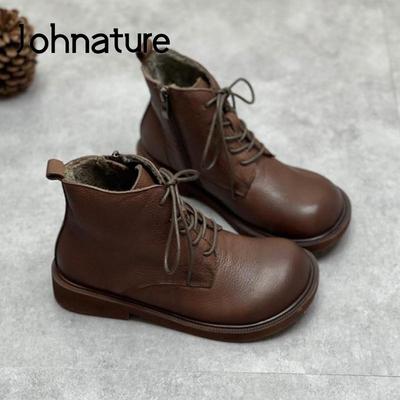 Hakiki Deri Kışlık Botlar Kadın Ayakkabı Zip Yuvarlak Ayak Düz El Yapımı Eğlence Dikiş Ayak Bileği Bayan Botları