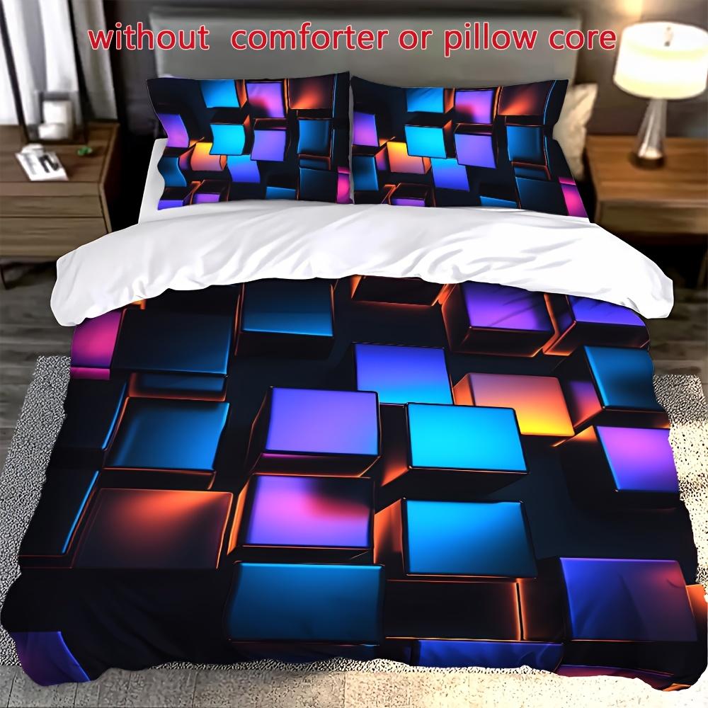 Open 3pcs 3D Colorful Iron Block Polyester Quilt Cover Set 1*Quilt Cover + 2*Pillowcase No Core Printed Bedding Set Soft