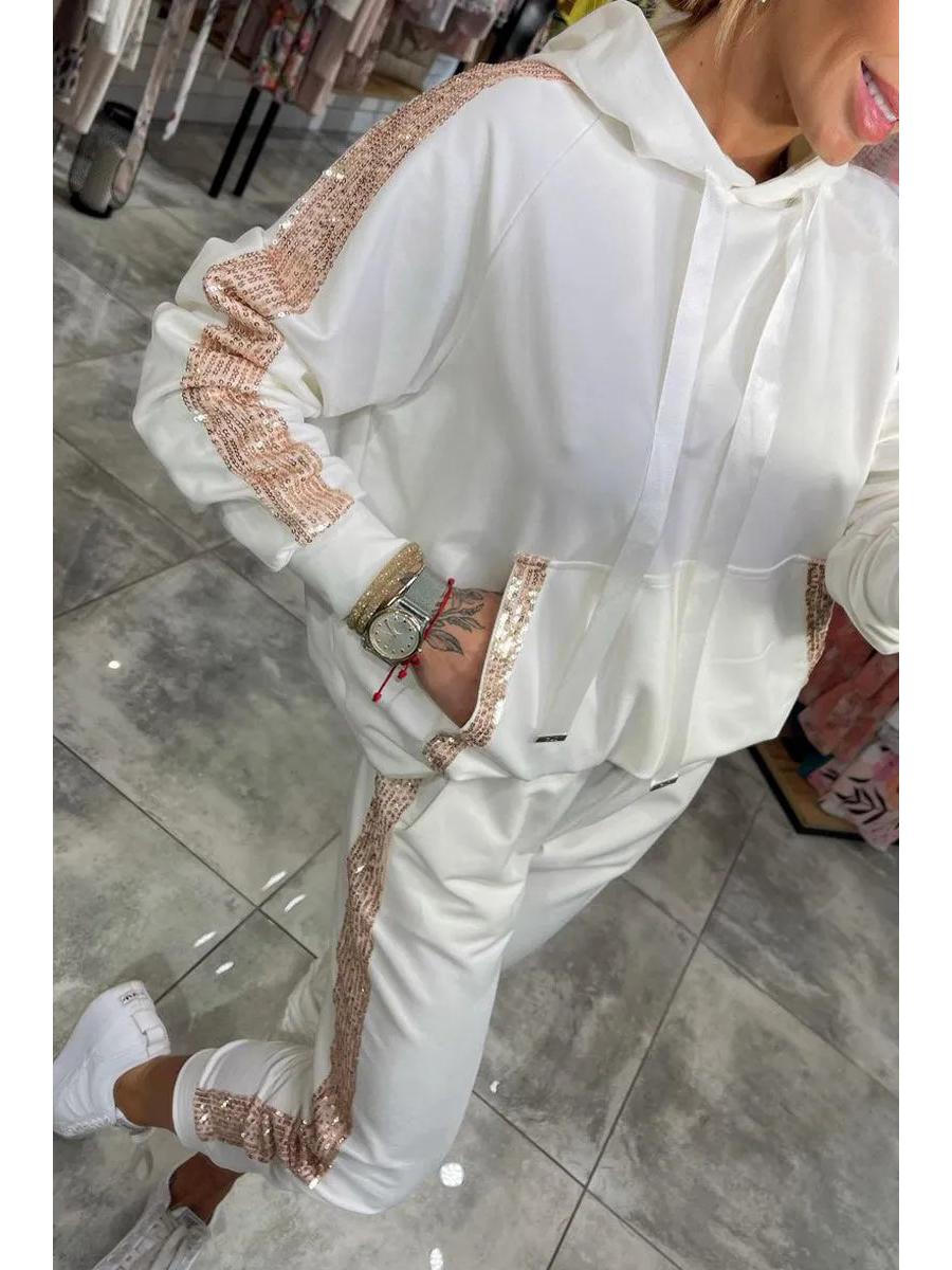 

Повседневный худи с карманом из пайеток и комплект спортивных штанов Small белый