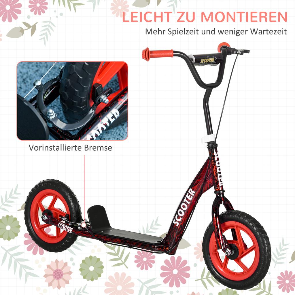 Kinderroller mit verstellbarem Lenker, Kinder-Tretroller mit rutschfester Trittfläche, Hinterradbremse, Ständer, Rot