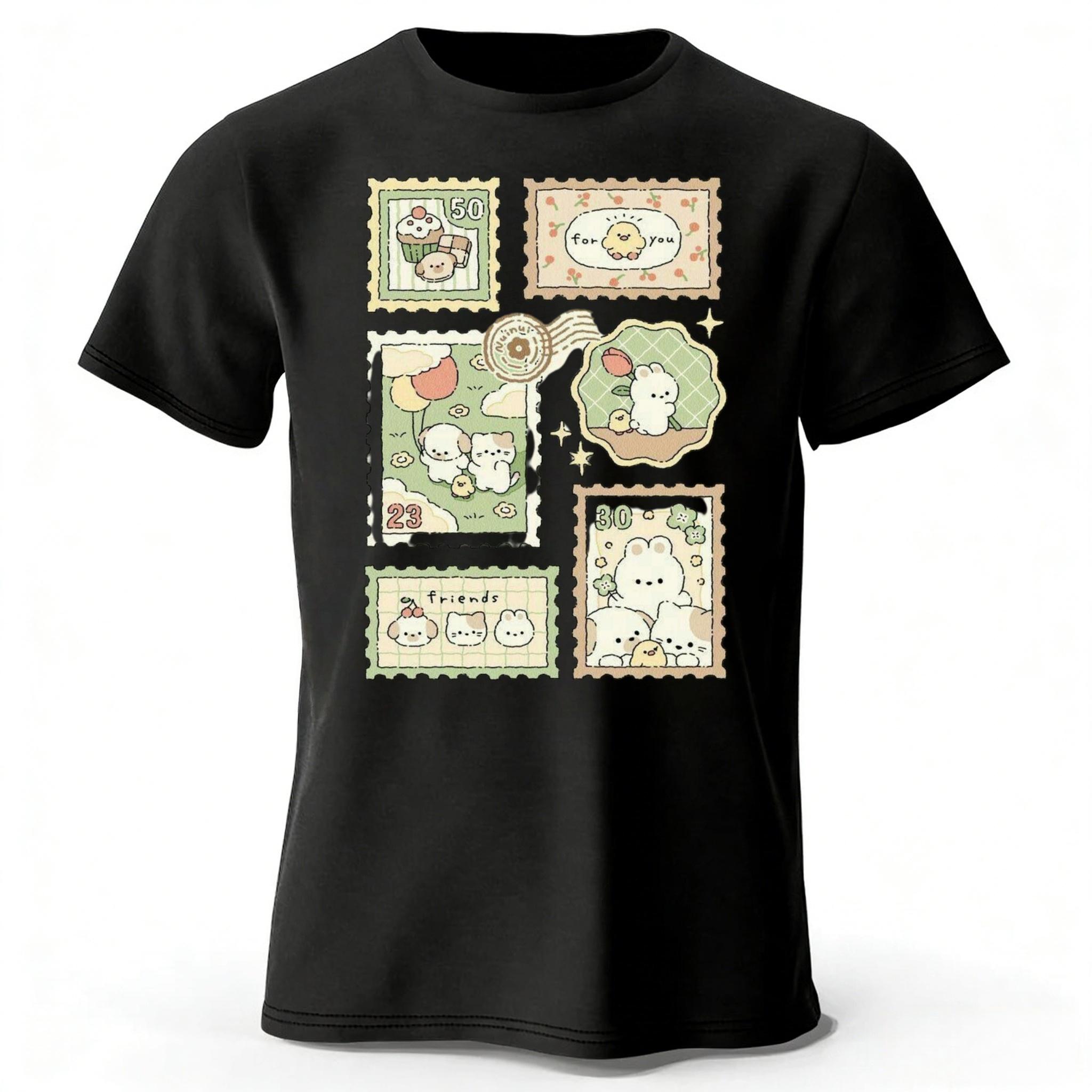 

Men s Fashion Cotton Short Sleeves Healing Animal Stamp Printed Large Comfortable Leisure Sports T-shirt Top L чорний