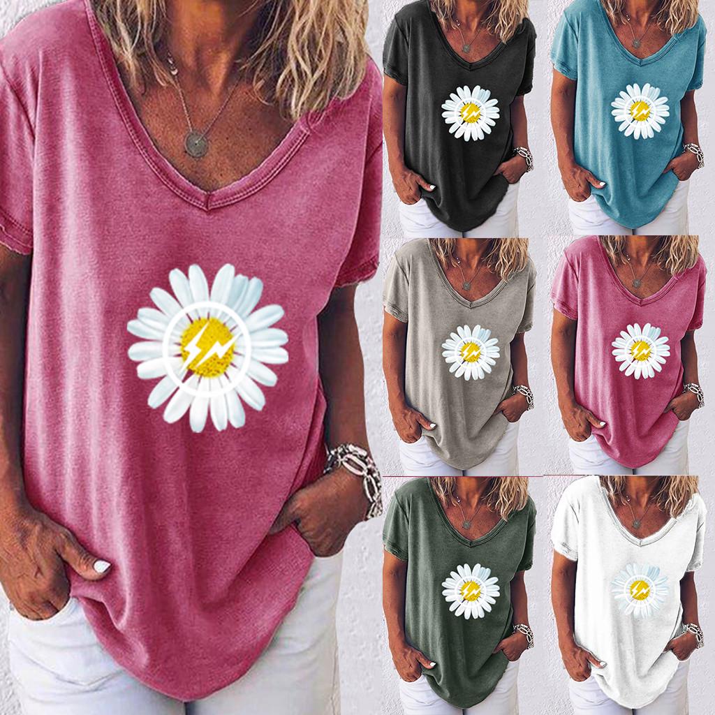 

Женская летняя верхняя блузка с короткими рукавами и V-образным вырезом с принтом маленьких ромашек