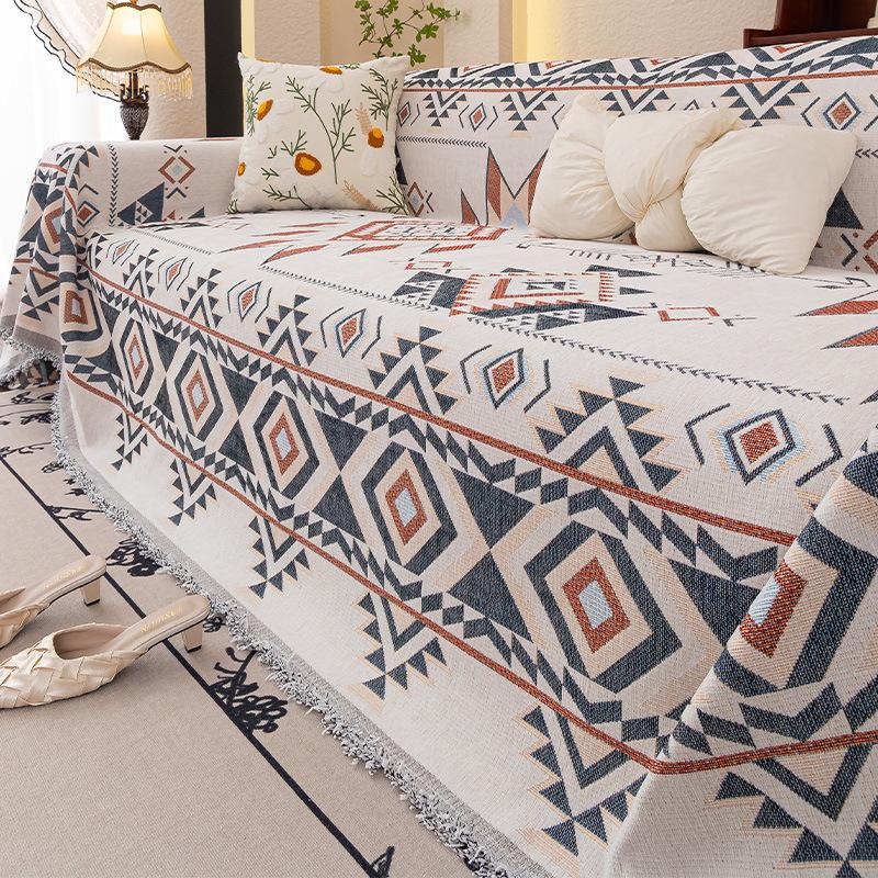 Chenille Printed Sofa Cover Full Coverage With Tassel Furniture Slipcover All-Season Anti-Scratch Sofa Blanket Seat Dust Covers