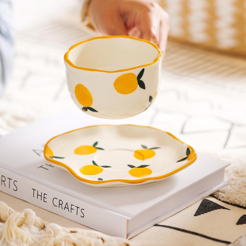 Cute Hand Painted Coffee Cup with Saucer Irregular Flower Cloud Blue Sky Creative Breakfast Milk Tea Mug Gift Set Handmade Drink