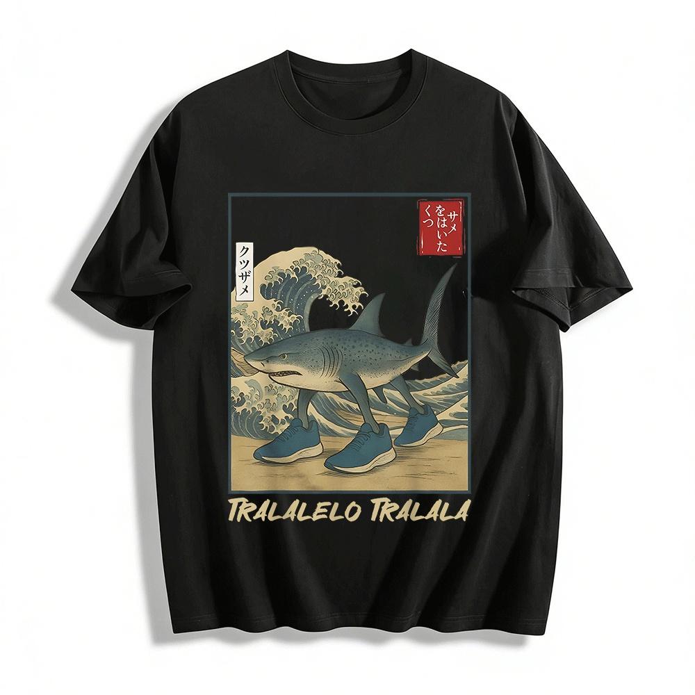 Ukiyo-e Style Walking Shark Fun Print Casual Short Sleeve T-shirt Pure cotton T-shirt XXS
