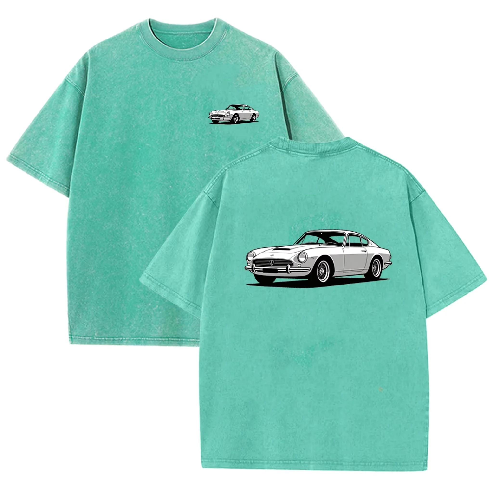 Teal Acid Wash Retro Vintage Coupe Car Print Classic Car Lover Casual Tee S