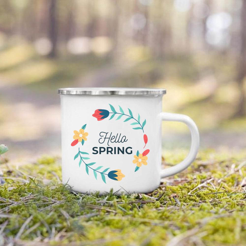 Hello Spring Enamel Camping Mug Appreciation Best Original and Fun Gifts Drink Juice Water Dessert Cocoa Milk Handle Cup
