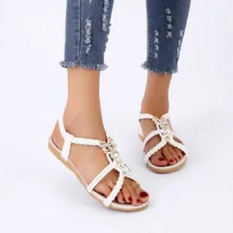 Rhinestone Sandals Women's Summer 2026 New Bohemian Diamond Flat All-match Flat Heel Open Toe Plus Size Women's Holiday Shoes