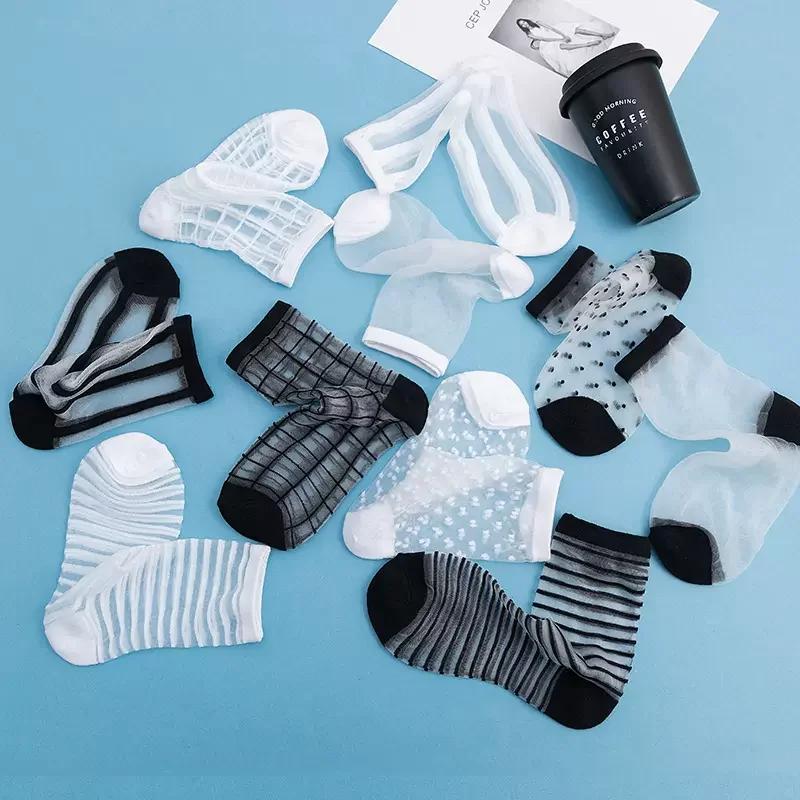 Polka Dot Socks Women See Through Transparent Crystal Silk Socks Summer Ultra-thin Breathable Girls Kawaii Cute Nylon Long Socks