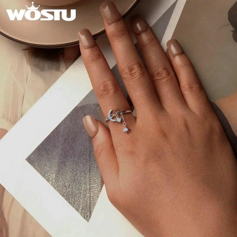 WOSTU 925 Sterling Silver Star and Moon Link Ring With Nano Opal For Women's Engagement & Proposal Parties Fine Jewelry Gifts