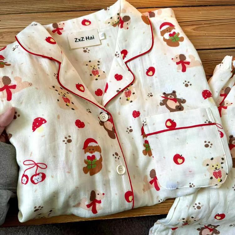 Sweet Cartoon Christmas Bear Pajamas Women's Summer Short-sleeved Cardigan Two-piece Girl Casual Loungewear