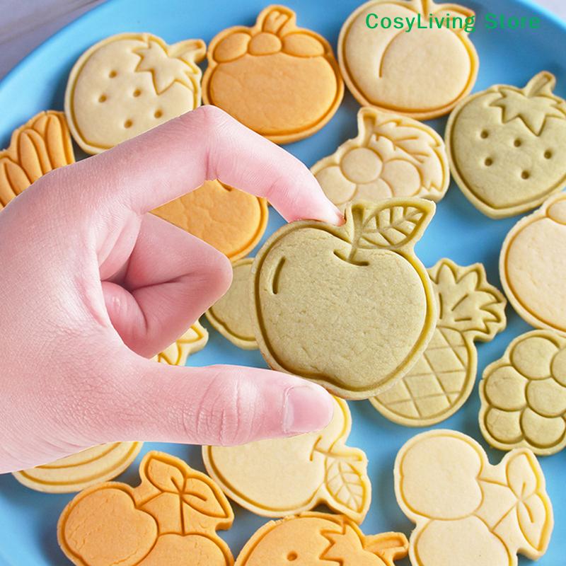 [CL]8Pcs Cartoon Fruit Cookie Embosser Mold 3D Frosting Fondant Cookie Press Mold Strawberry Peach Biscuit Cutter Cake Mold[CL]