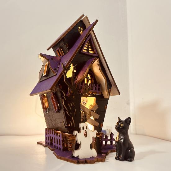 3D Wooden Puzzle Kit DIY Wooden Puzzle Haunted House Model Light-up Halloween