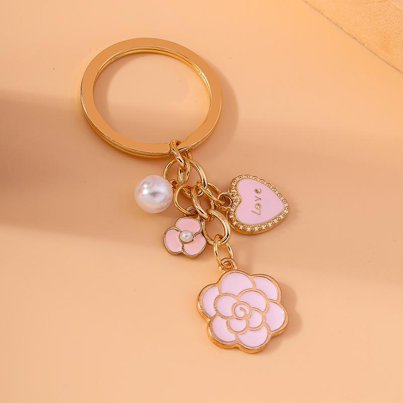 Cute Enamel Pink Love Heart Keychain Rose Flower Key Rings Pendant for Key Holder Women Girls Handbag Pendants DIY Jewelry Gifts