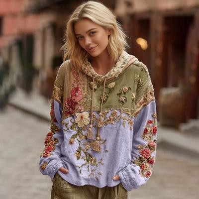 Yousheng Dame Hettegenser med Blomsterprint og Patchwork, Oversized Vintage Genser med Hette, Høst Kasual Langermet Hettegenser