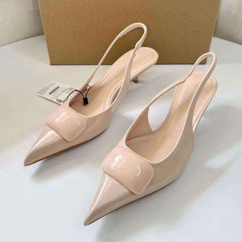 

Fashion Square Buckle Pointed Toe Modern Sandals for Women New Summer Desiger Slingback Patent Leather High Heels Ladies Dress Shoes 36