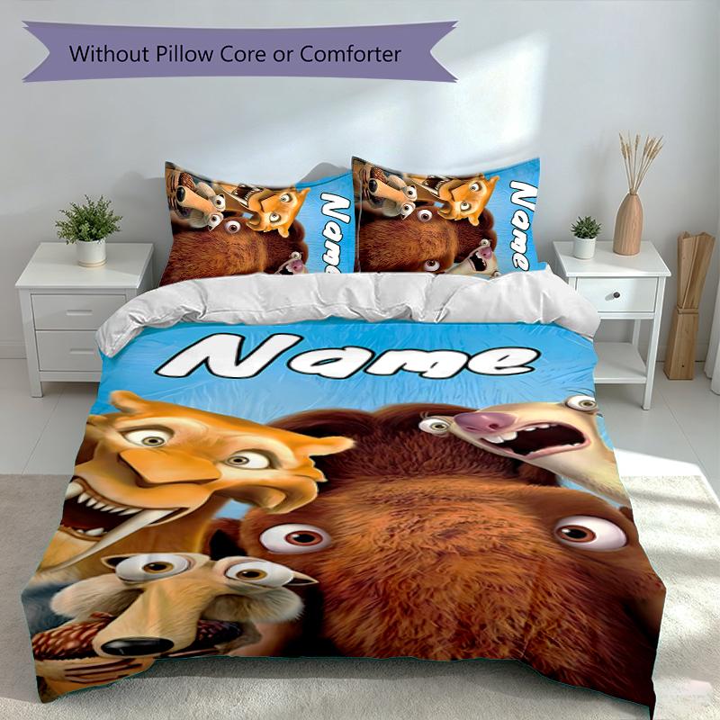 Set de 3 Piezas con Nombre Personalizado La Edad de Hielo El Amanecer de los Dinosaurios, Incluye 1 Funda Nórdica y 2 Fundas de Almohada, Decoración de Dormitorio para Todas las Estaciones