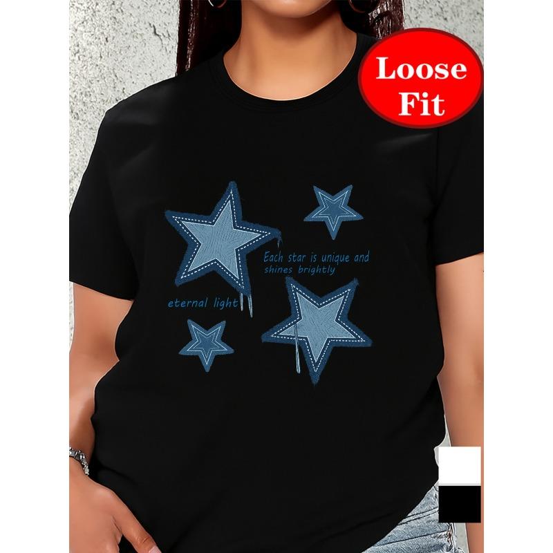 European Size Women's Plus Size Short Sleeve Round Neck T-Shirt - Star Print Blouse, -Line Casual Summer Top with Short Sleeves