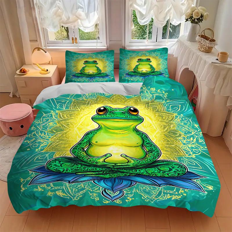 3pcs Meditation Frog Bedding Set - 1 Duvet Cover + 2 Pillowcases(Core Not Included), Machine Washable Polyester Yy251216167