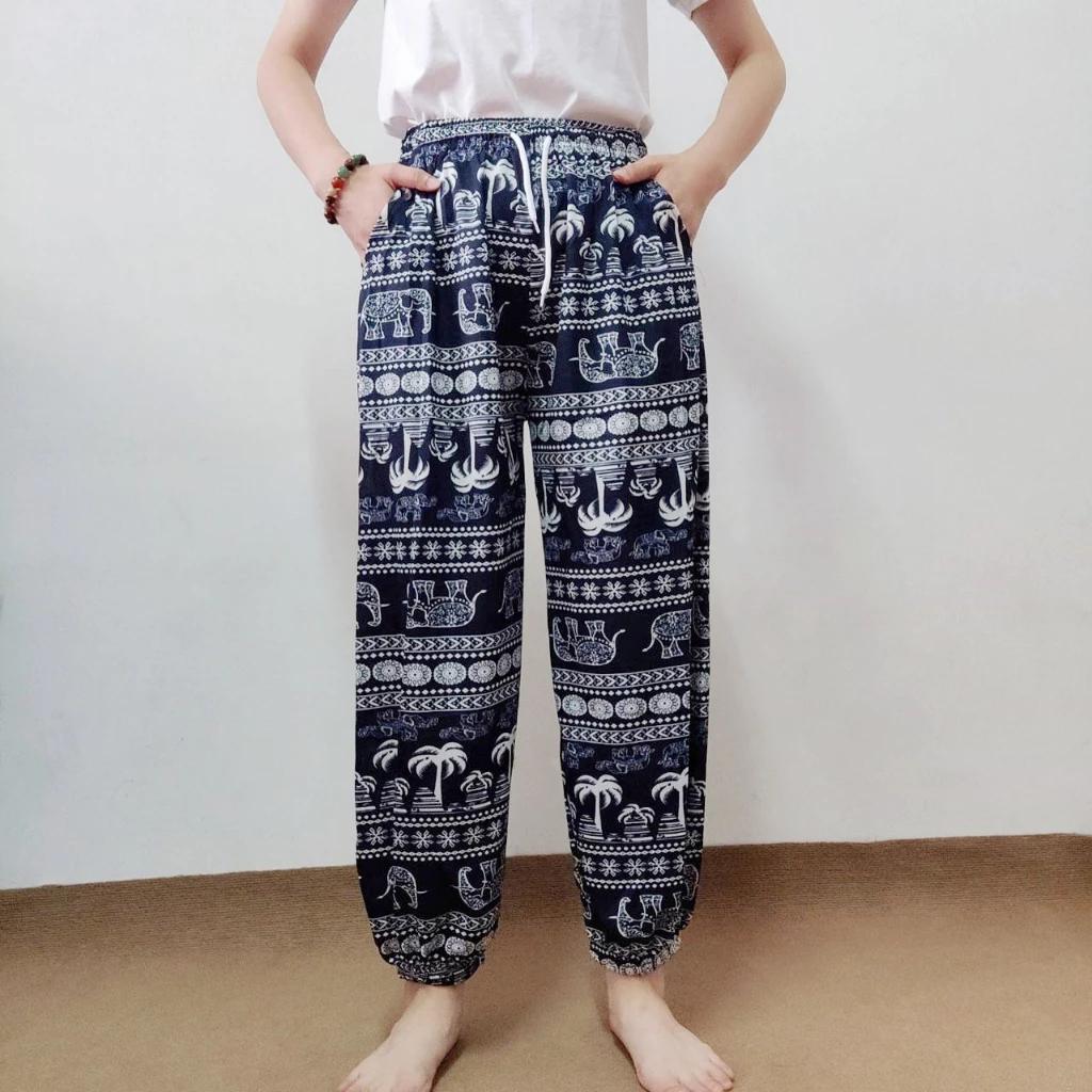 Elephant Jump Pants Pocket Adjustable Elastic High Waistband Strap Unisex Man Women Print Thailand Casual Streetwear Beach Bohemian Retro Vintage