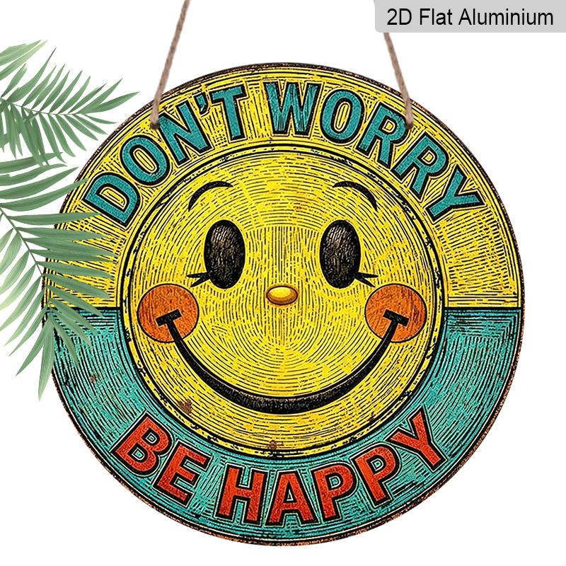 2D Flat, 1pc Round Aluminum Hanging Sign - "Don't Worry Be Happy" Retro Smiley Face Metal Wall Art, Vintage 70s Groovy Style, Perfect for Boho Home