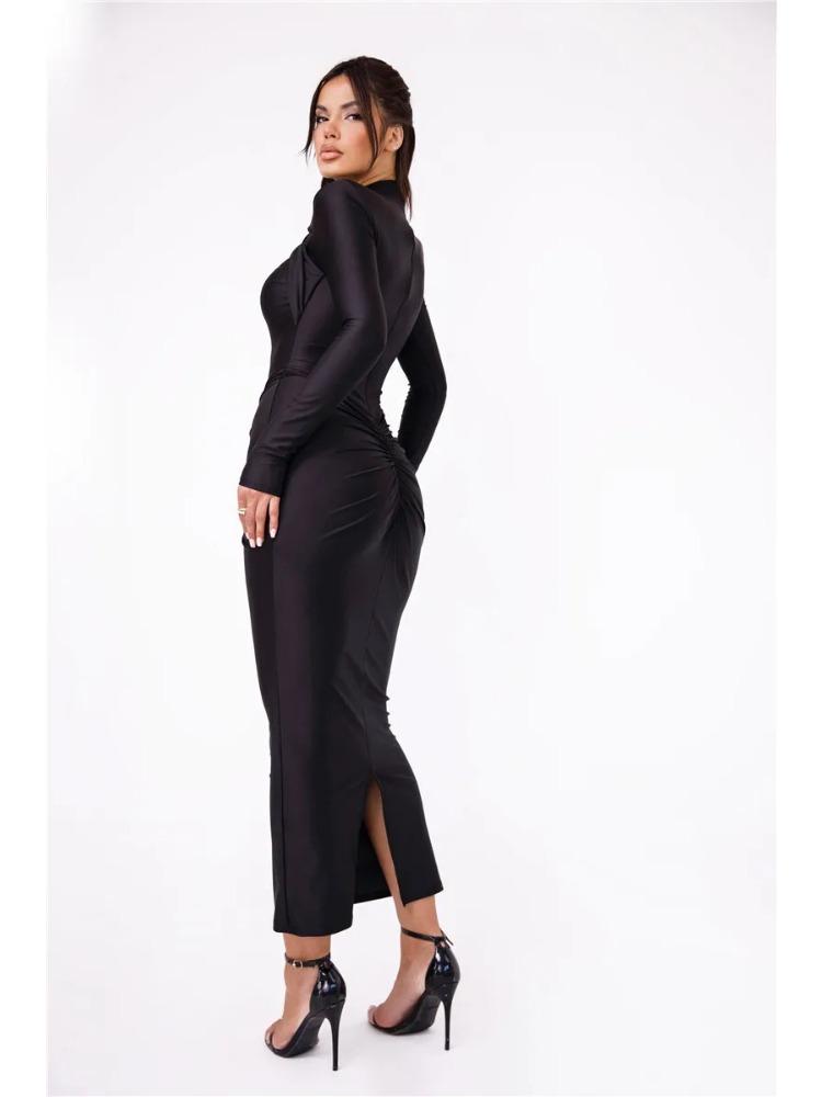 Hollow Out Long Sleeve Sexy Maxi Dress For Women Gown Autumn Winter New Metal Buckle Ruched Slit Long Dress Elegant