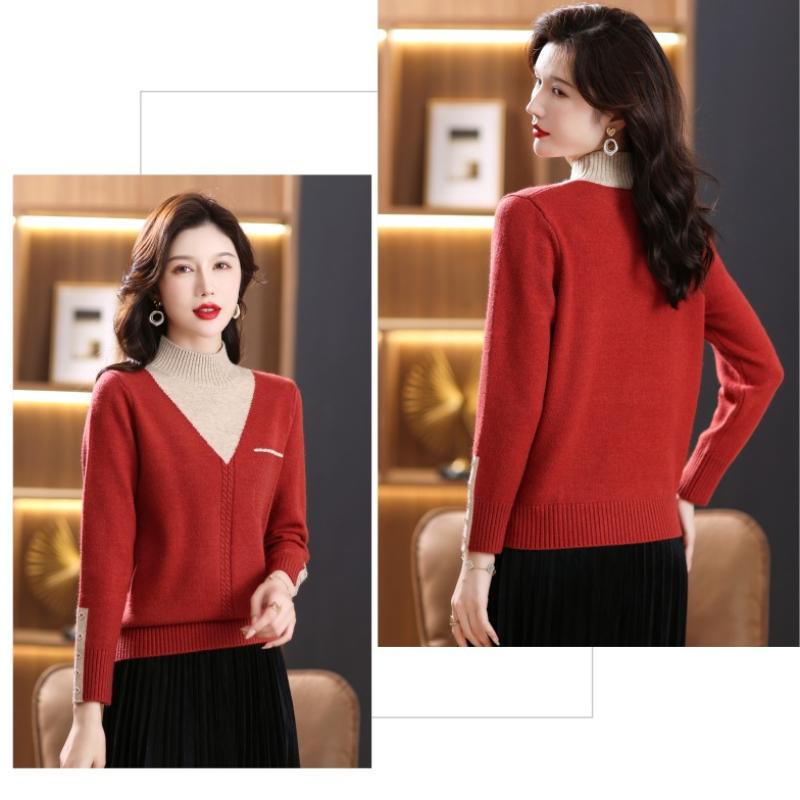 Women Vintage Splicing Panelled Sweaters Autumn Winter Fashion Mock Neck Long Sleeve Casual Slim Knitted Pullovers