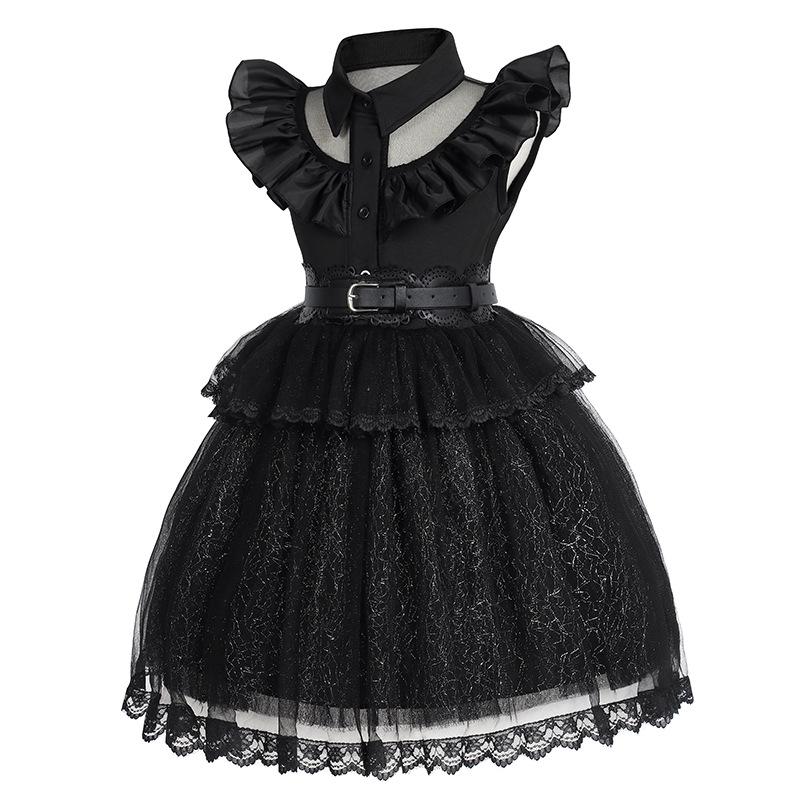 Addams Family Girls' Wednesday Cosplay Black Mesh Jumpsuit Costume for Halloween or Prom