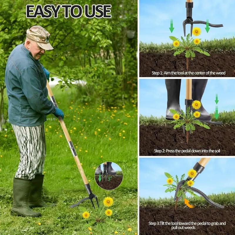 Weed Puller Stand-Up Weed Puller Tool with Long Handle & 4-Claw Steel Head 3-Sectioal Pole Design Garden Hand Weeding Tool