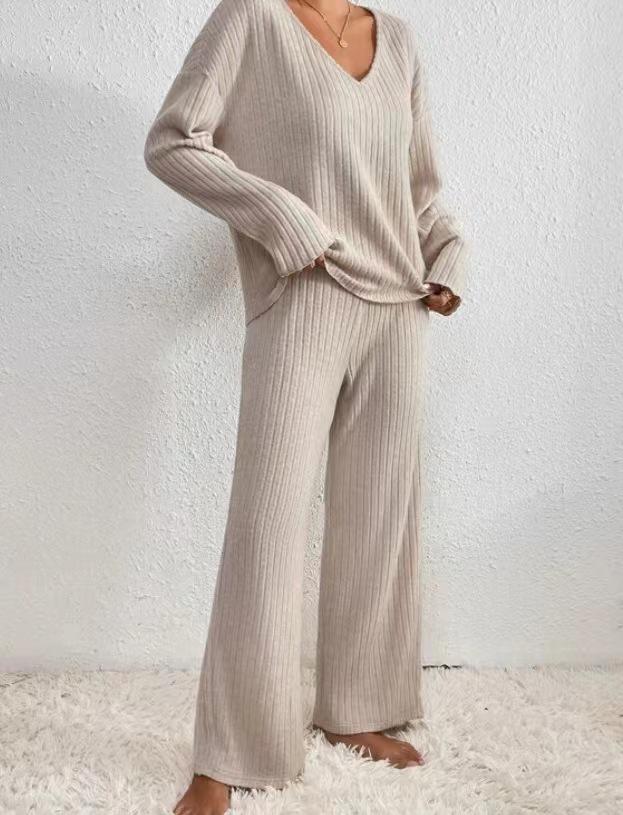 2025 Autumn/Winter Hot Selling Ribbed V-Neck Long Sleeve Brushed Casual Set for Women