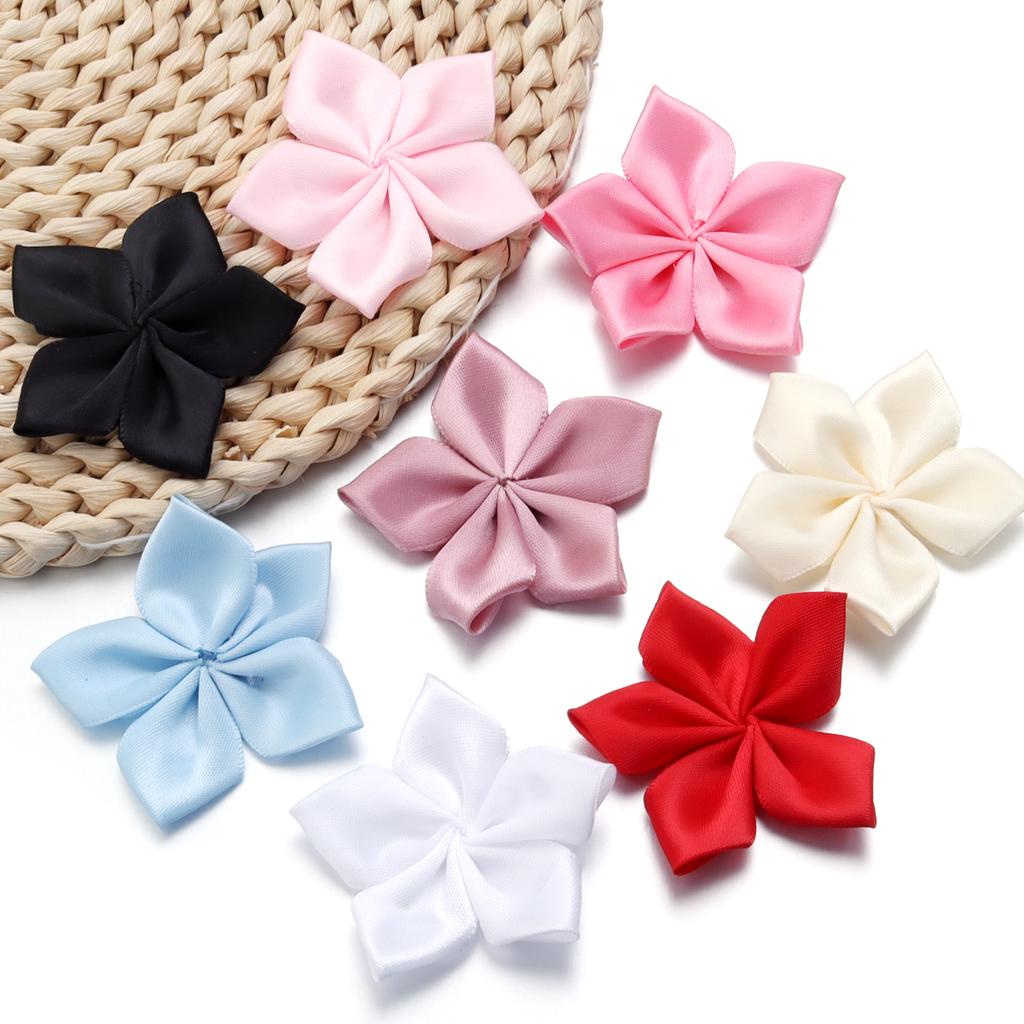 20 Stück 6cm Satinband Blume Bunt Künstliche Stoff Fünfblättrige Blumen Für DIY Hochzeit Kleidung Nähen Kopfschmuck Dekoration