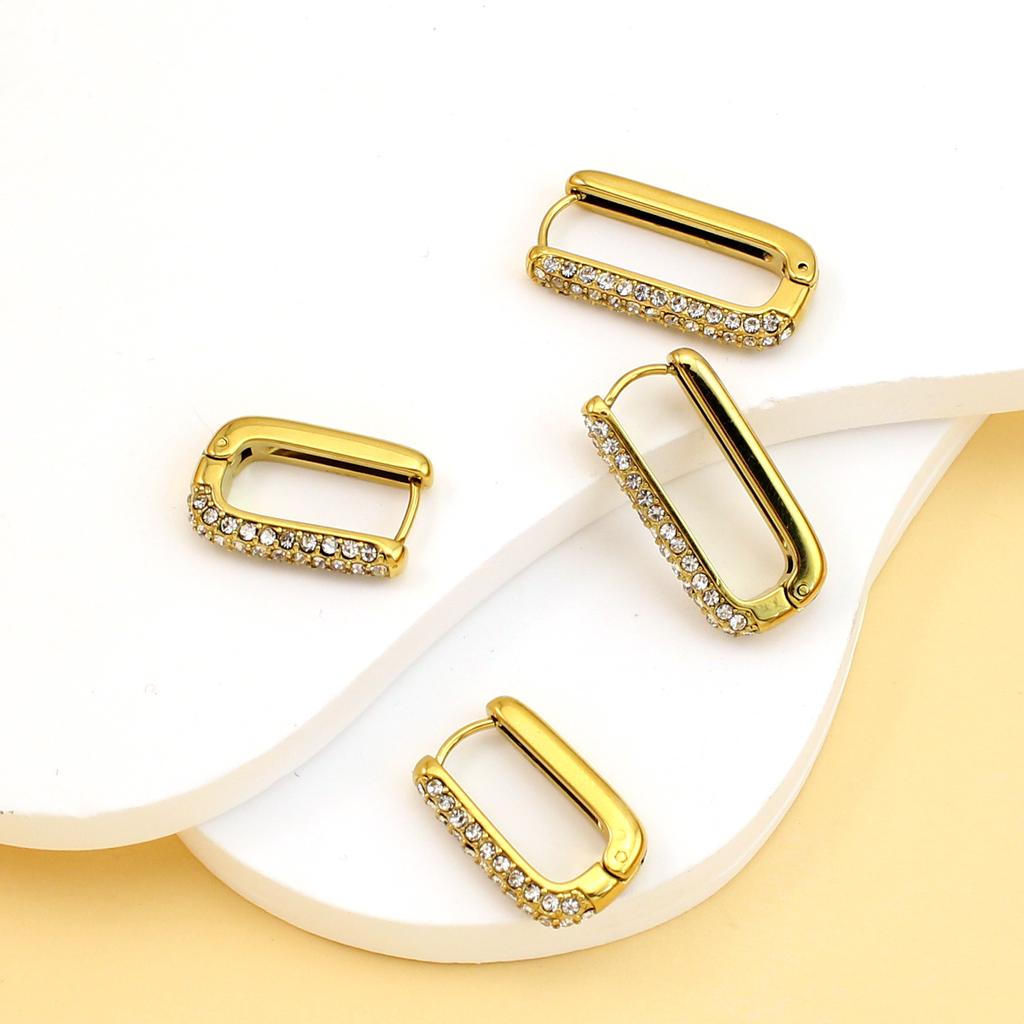 Boucles d'oreilles Huggies Rectangulaires Brillantes en Zircon Plaqué Or Bijoux Boucles d'oreilles en Acier Inoxydable pour Cadeau de Saint-Valentin