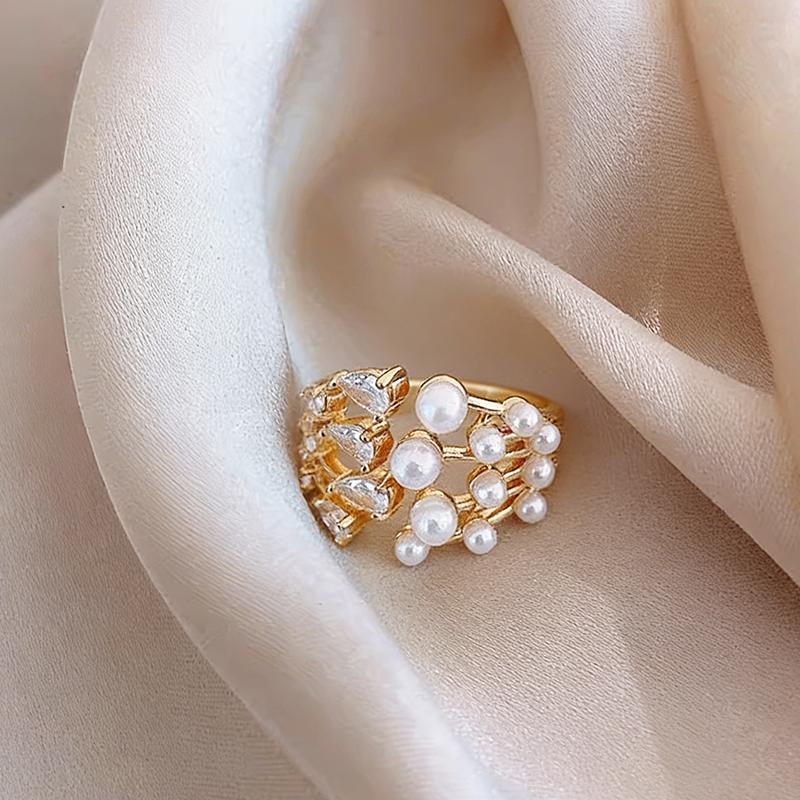 

Elegant European And American Pearl Drop Zirconia Gold Color Open Rings for Women Wedding Party Fashion Jewelry Accessories resizable&Gold-color білий