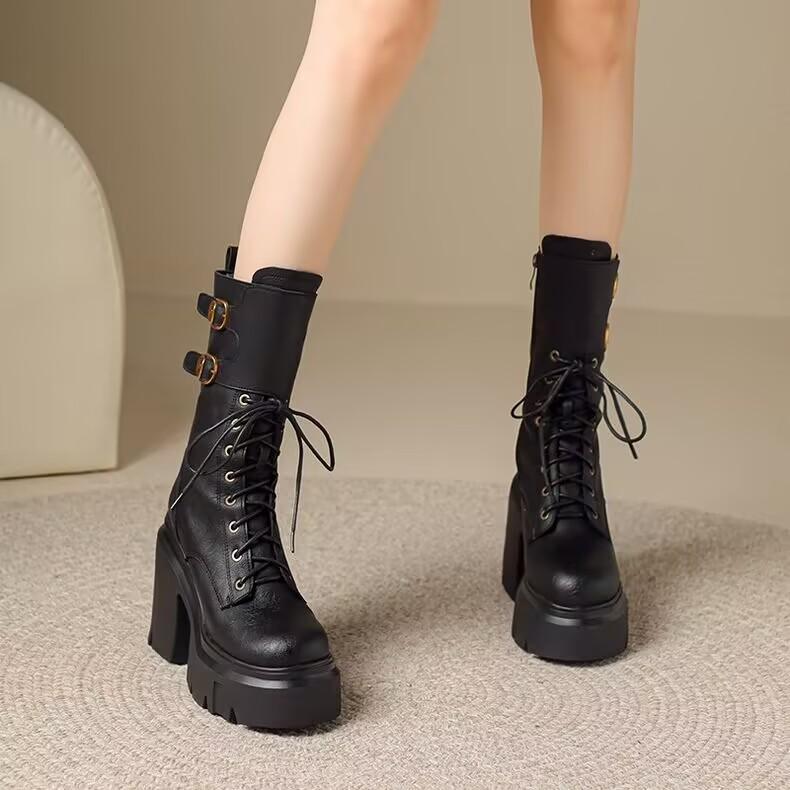 Women's Mid-calf Boots High Quality Leather Casual Boots Height Increase Platform Boots Lace Up Thick Heeled Booties Botas Mujer