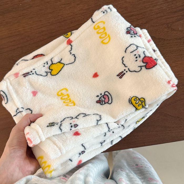 Korean Style Women's Fleece Pajama Pants - Flannel Cartoon Design for Autumn and Winter