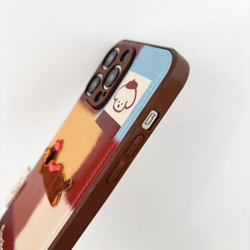 Cute 3D Dachshund Dog Color Block Phone Case, Leather Texture Protective Cover for iPhone