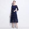 Solid Patchwork Embroidery Cascarding Ruffles Long Dress for Women Slash Neck Lace Hollow Out Office Work Dress Female Clothing